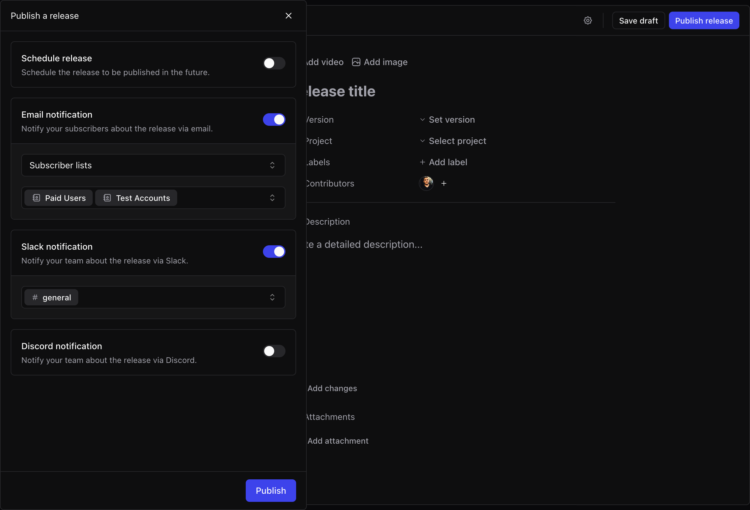 A screenshot of the releases notification settings page