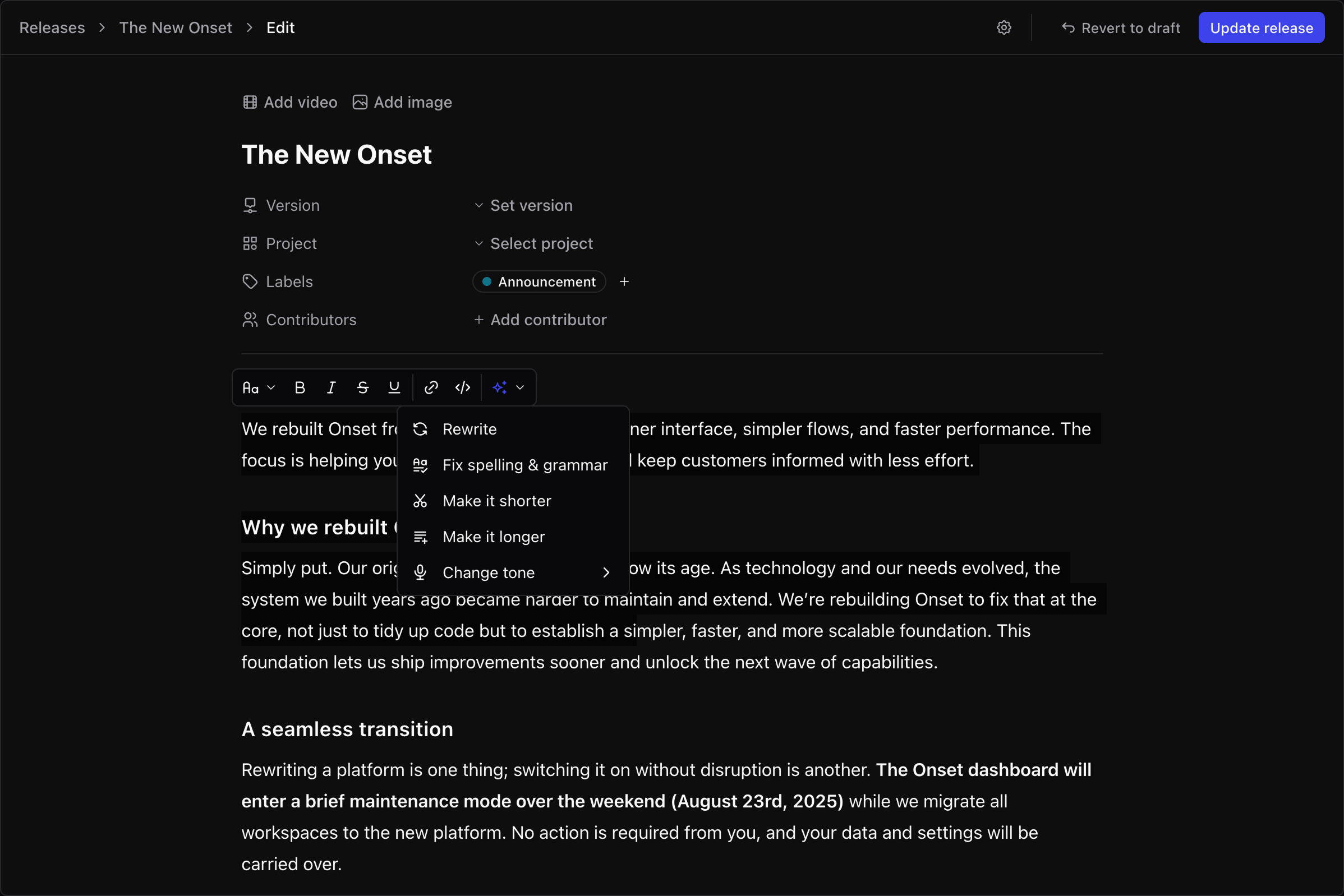 A screenshot of the releases write page