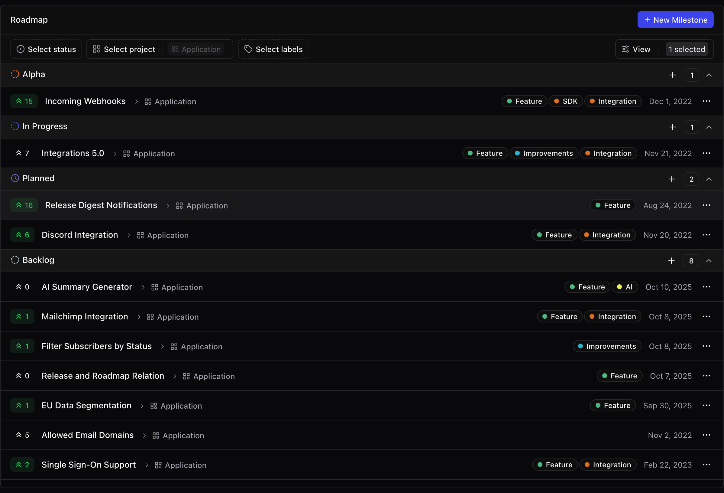 A screenshot of the roadmap prioritize page