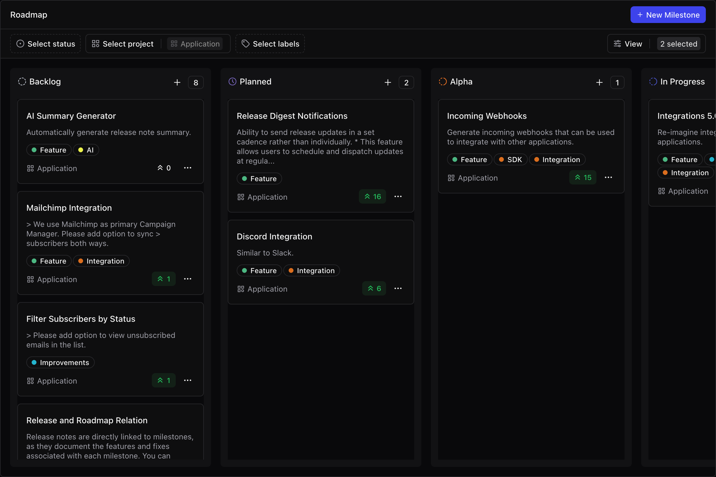A screenshot of the roadmap track page